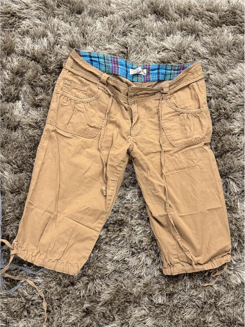 Tan Cargo Capri Pants with Plaid Waistband